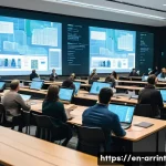 Home 22 AI 윤리와 디지털 민주주의의 상관관계 - A modern city hall meeting room filled with diverse citizens actively engaging in a digital democrac...