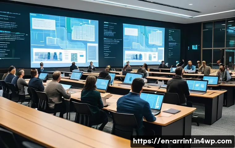 AI 윤리와 디지털 민주주의의 상관관계 - A modern city hall meeting room filled with diverse citizens actively engaging in a digital democrac...