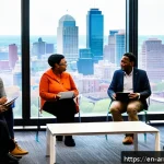 Home 23 시민참여 AI 윤리의 사례 연구 - A diverse group of community members and experts engaged in a lively in-person forum inside a modern...