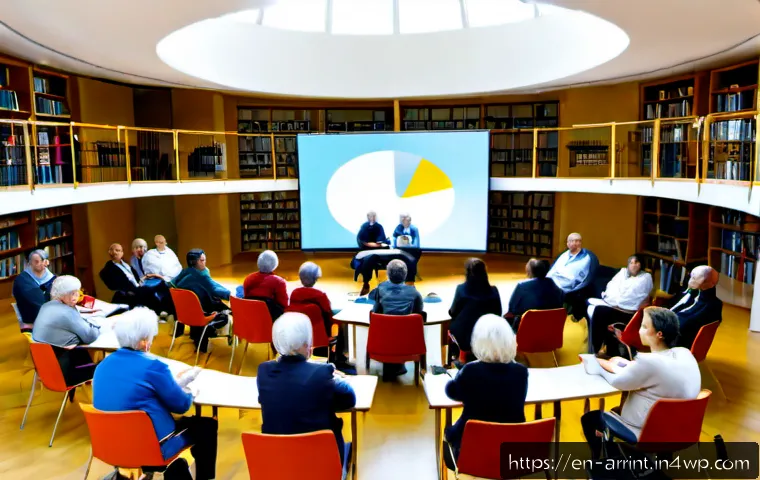 시민참여 AI 윤리의 국제적 사례 - Photorealistic community AI ethics forum in a bright European public library, diverse adults includi...