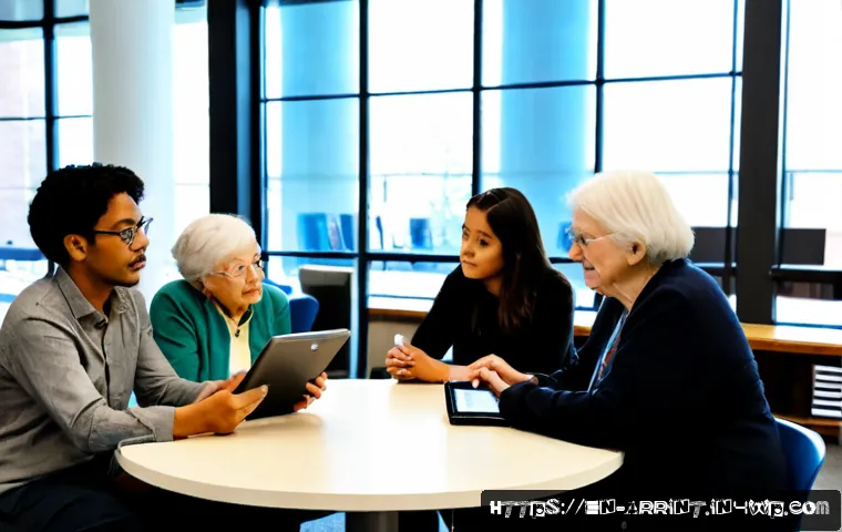 Home 17 AI 윤리 문제 해결을 위한 시민 참여법 - Photorealistic community town hall in a modern American public library, diverse adults and a senior ...